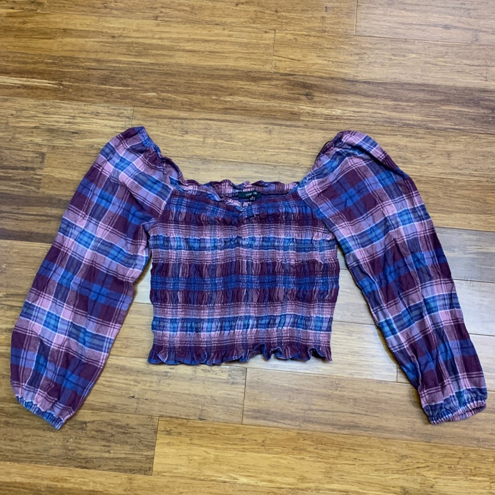 Love Tree Smocked Plaid Square Neck Long‎ Sleeve Crop Top Women's Size Medium
